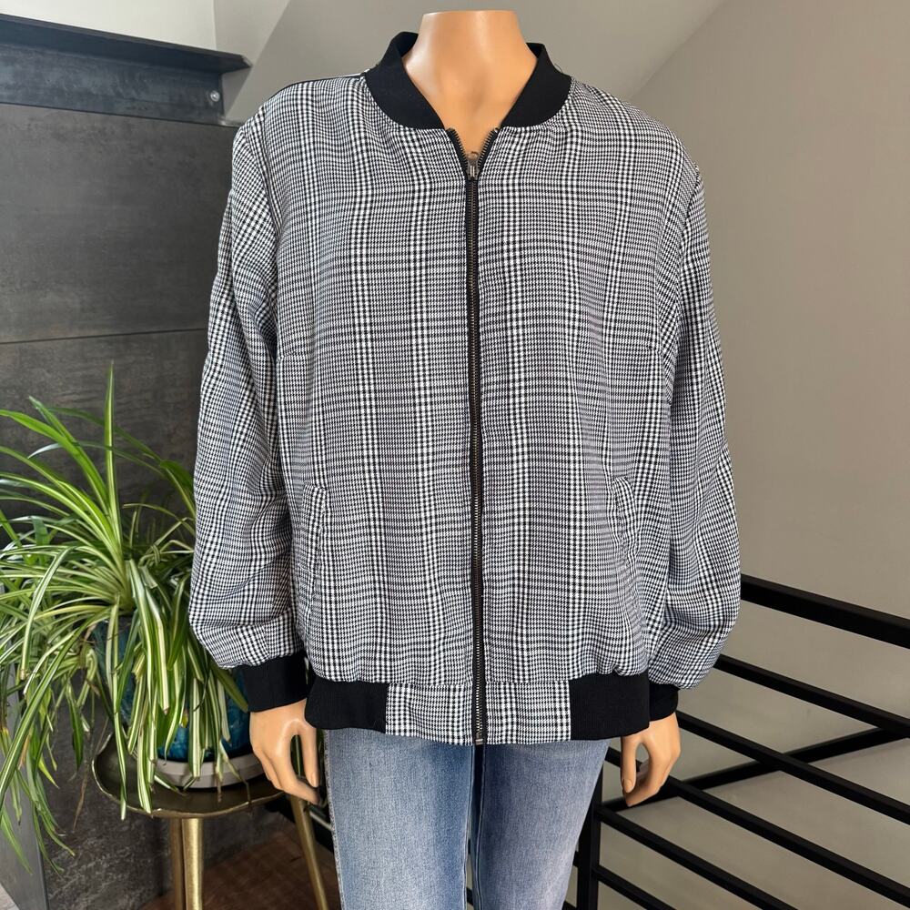 LILI Sport Houndstooth Plaid Bomber Jacket Varsity Striped Sleeve Zip Front XL